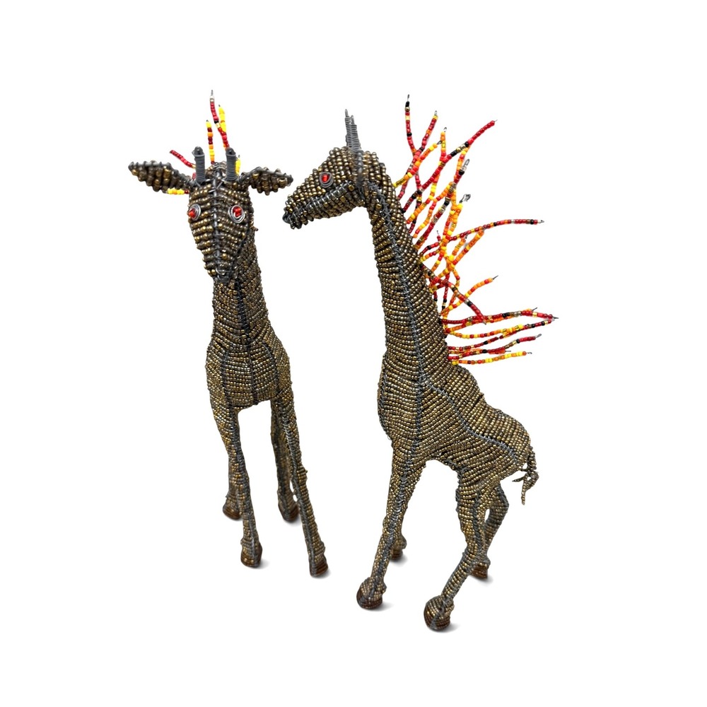 Handmade Beaded Wire Giraffe Figurines Set of 2 Bronze Orange Folk Art Decor 16"